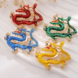 Exquisite Chinese zodiac dragon brooches in gold finish with vibrant enamel colors