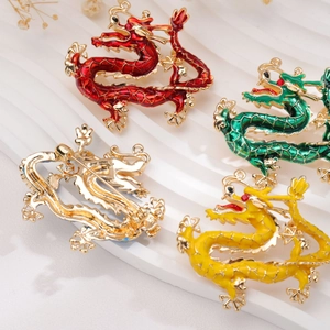 Exquisite Chinese zodiac dragon enamel brooches in red, green and yellow colors