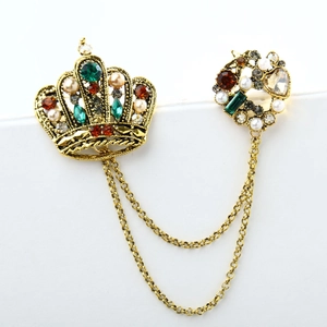 Vintage gold crown brooch with colorful rhinestones, pearls and double metal chain