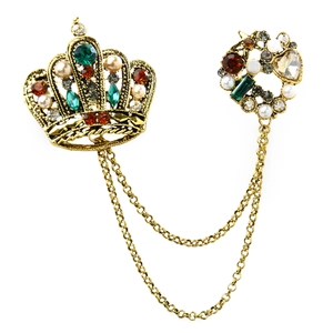 Vintage Gold Crown Brooch With Tassel Chains Alloy Rhinestone Artificial Pearl Suit Pin For Men Women Palace Style Fashion Jewelry Accessory