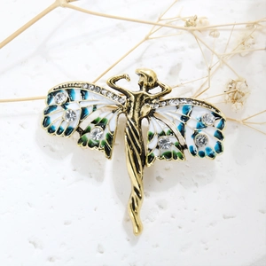 Broche libellule vintage dorée avec des ailes en émail coloré et strass scintillants