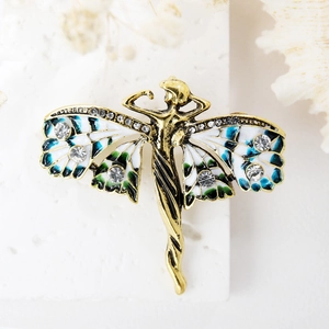 Broche fée papillon vintage dorée avec ailes en émail coloré et strass scintillants