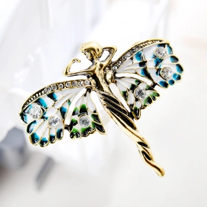 Broche fée libellule vintage en alliage doré avec ailes émaillées et strass brillants