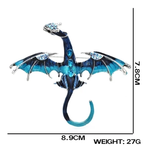 Detailed size chart of vintage blue enamel flying dragon brooch showing 8.9cm x 7.8cm dimensions