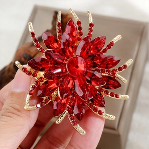 Élégante broche tournesol en cristal rouge doré pour foulards et robes de soirée