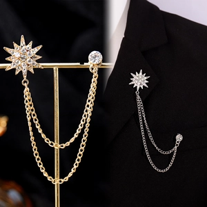 Vintage Heren Metalen Ster Broche Met Dubbele Ketting Kwast Strass Ingelegde Pak Reversspeld Goud Zilver Mode Sieraden