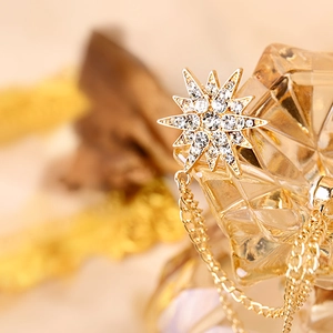 Gouden sterbroche met sprankelende kristallen en lange franjes voor elegante pakken
