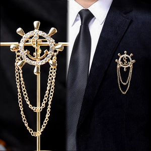 Vintage Nautical Ship Wheel Anchor Brooch For Men Alloy Rhinestone Tassel Chain Suit Lapel Pin Business Wedding Accessory