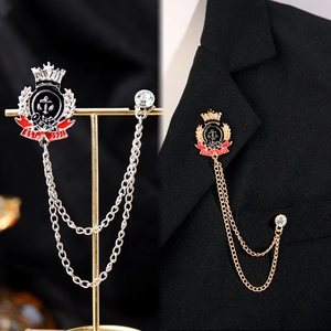 Vintage British Style Shield Brooch With Tassel Chain Crown Anchor Badge Rhinestone Lapel Pin Men Suit Accessories