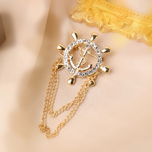 Vintage gold anchor and helm brooch with rhinestones and hanging chains for men's suits