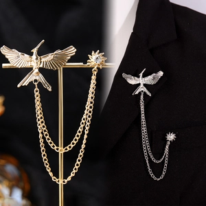 Herren Luxus Adler Reversnadel Brosche Mit Doppelter Kette Gold Silber Legierung Zirkonia Anzug Brosche Für Hochzeit Business Bankett