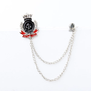 Vintage crest brooch with crown, anchor emblem, red enamel banner and double silver chains