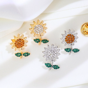 Broches tournesol étincelantes plaquées or et argent avec des strass en cristal brillants