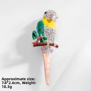 Detail shot of parrot brooch with colorful enamel finish and sparkling rhinestones