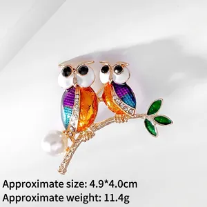 Detail showing vintage owl brooch size 4.9x4.0cm with colorful enamel and pearl inlay