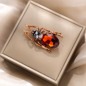 Detail einer Vintage-Käfer-Brosche mit rotem Edelstein in einer goldenen Schmuckbox