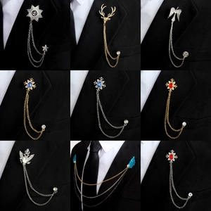 Men Vintage Alloy Rhinestone Cross Angel Wings Deer Head Brooch With Tassel Multi-layer Chain Lapel Pin Suit Accessories Jewelry