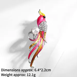 Close-up of bird brooch with rhinestones and pink gradient enamel, 6.4x2.2cm size