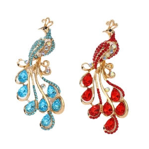 Set di spille a pavone dorate con strass blu e rossi per abiti cheongsam