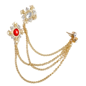 Vintage gold layered chain brooch with cross pendants and red rhinestones for suits