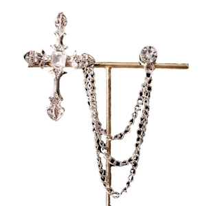 Gothic vintage silver cross brooch with triple metal chains and sparkling rhinestone
