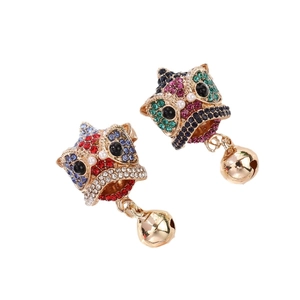 Exquisite Chinese lion dance earrings with multicolored rhinestones and golden bells