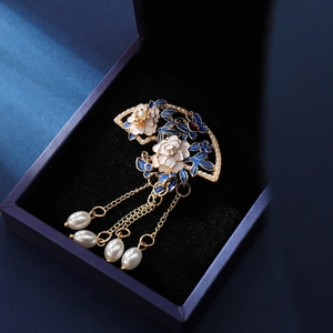 Vintage Chinoiserie Legierung Emaille Blume Fächer Quaste Brosche Mit Künstliche Perlenimitat Strass Pin Für Hochzeit Damen Schmuck