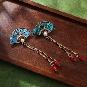 Elegant Fan-Shaped Tassel Brooch with Blue Enamel Plum Blossom and Pearl Accents