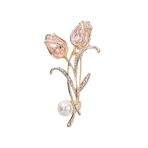Elegante gouden tulpenbroche met roze kristallen, kleine stras en witte parel accent