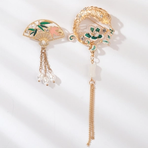 Detail of Chinese fan brooch with tassels, enamel birds and elegant white pearls