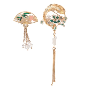 Golden hollow fan brooch with enamel bamboo leaves and pearl tassels in neo-Chinese style