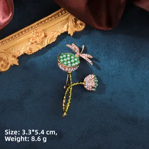 Close-up of vintage fan brooch with green enamel lotus and sparkling dragonfly crystals