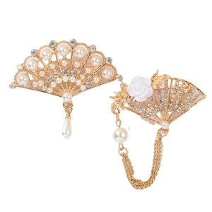 Vintage gold fan brooches with pearls and crystals in traditional Chinese style