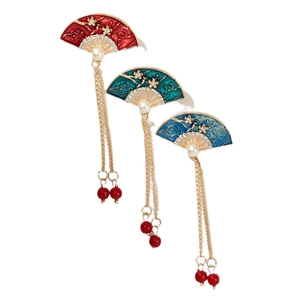 Elegant Chinese fan-shaped brooch with long tassels and pearl in three classic colors