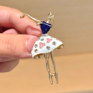 Elegant ballet dancer brooch in gold metal with blue enamel and rhinestone heart skirt