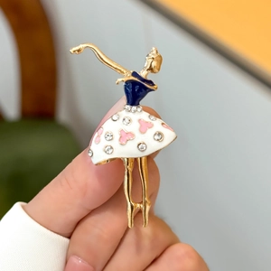Fashionable golden ballet dancer brooch with blue enamel and rhinestone heart skirt
