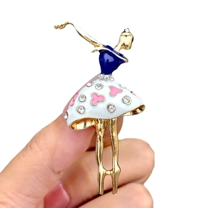 Elegant ballet dancer brooch with white enamel tutu and sparkling rhinestones