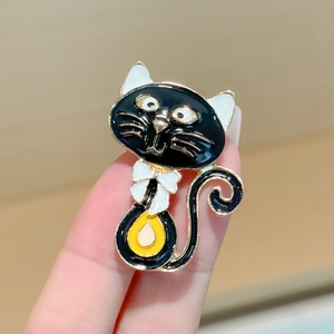 Broche en Émail Chat Noir Dessin Animé Avec Nœud Papillon Alliage Émail Animal Broche pour Femmes Accessoires de Costume Bijoux