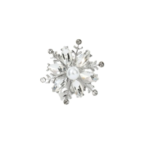 Sparkling snowflake brooch featuring a white pearl center and crystal-encrusted petals