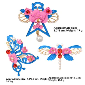 Artistic blue enamel dragonfly and butterfly brooch set with pearls and gemstone beads