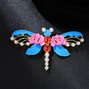 Exquisite gold dragonfly brooch with blue enamel wings and white pearl trimmings