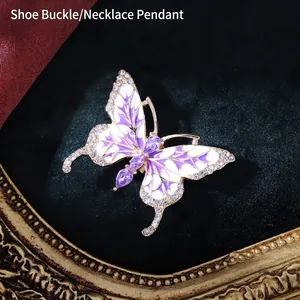 Boucle de chaussure papillon rose et violet avec cristaux et cadre doré élégant