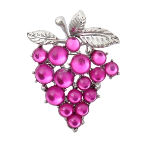 Elegant purple grape brooch with silver leaves and pink beads for women's blazer