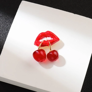 Creative Red Lips Cherry Fruit Brooch Pin Personalized Enameled Alloy Lapel Pin For Clothing Decor Women Fashion Jewelry