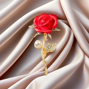 Eleganter Roter Emaille Rose Brosche Vergoldet Legierung Blumen Pin Mit Kunstperle Strass Für Damen Hochzeit Party Schmuck