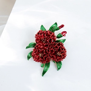 Elegant red hydrangea brooch with green leaves, luxurious floral pin for women suits