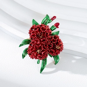 Elegant red hydrangea flower brooch with green leaves and gold accents for women coats