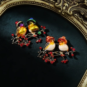 Broche En Alliage Émaillé Avec Deux Oiseaux Et Strass Style Chinois Oiseau Mignon Sur Branche Bijoux De Mode Cadeau Femme