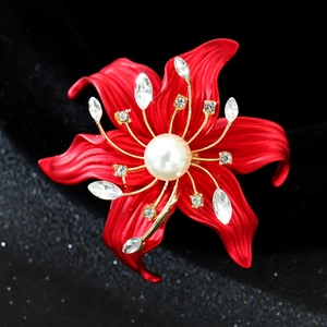 Eleganter Rote Rosenblumen Brosche Für Damen Legierung Goldfäden Strass Künstliche Perle Eingelegt Emaille Hochzeitsfeier Schmuck