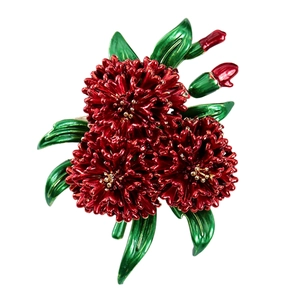Elegant red hydrangea brooch with enamel floral petals and green leaves for coats